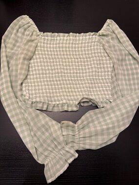 J. Crew Sage Green Gingham Smocked Off-Shoulder Crop Top